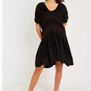Free People Love On The Tun Embroidered Ruched V- Neck Smocked Dress, Small